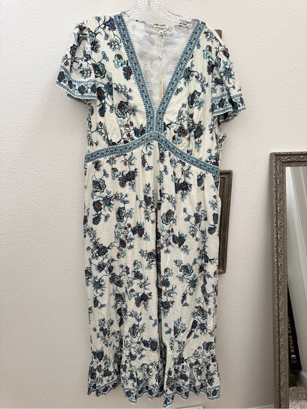 Max Studio White Midi Dress with Blue Floral Print & Flutter Sleeve